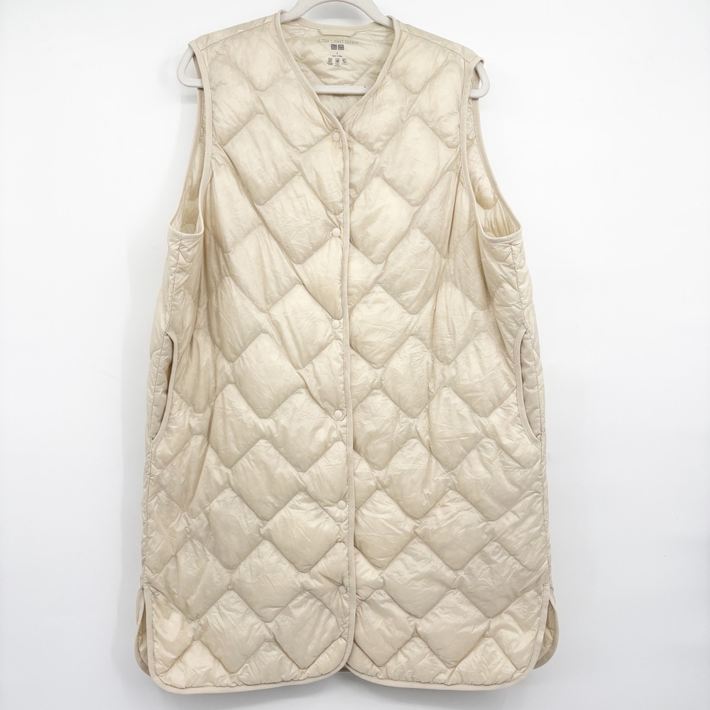Uniqlo Womens Ultra Light Down Quilted Long Vest Cream Minimalist Puffer Size L